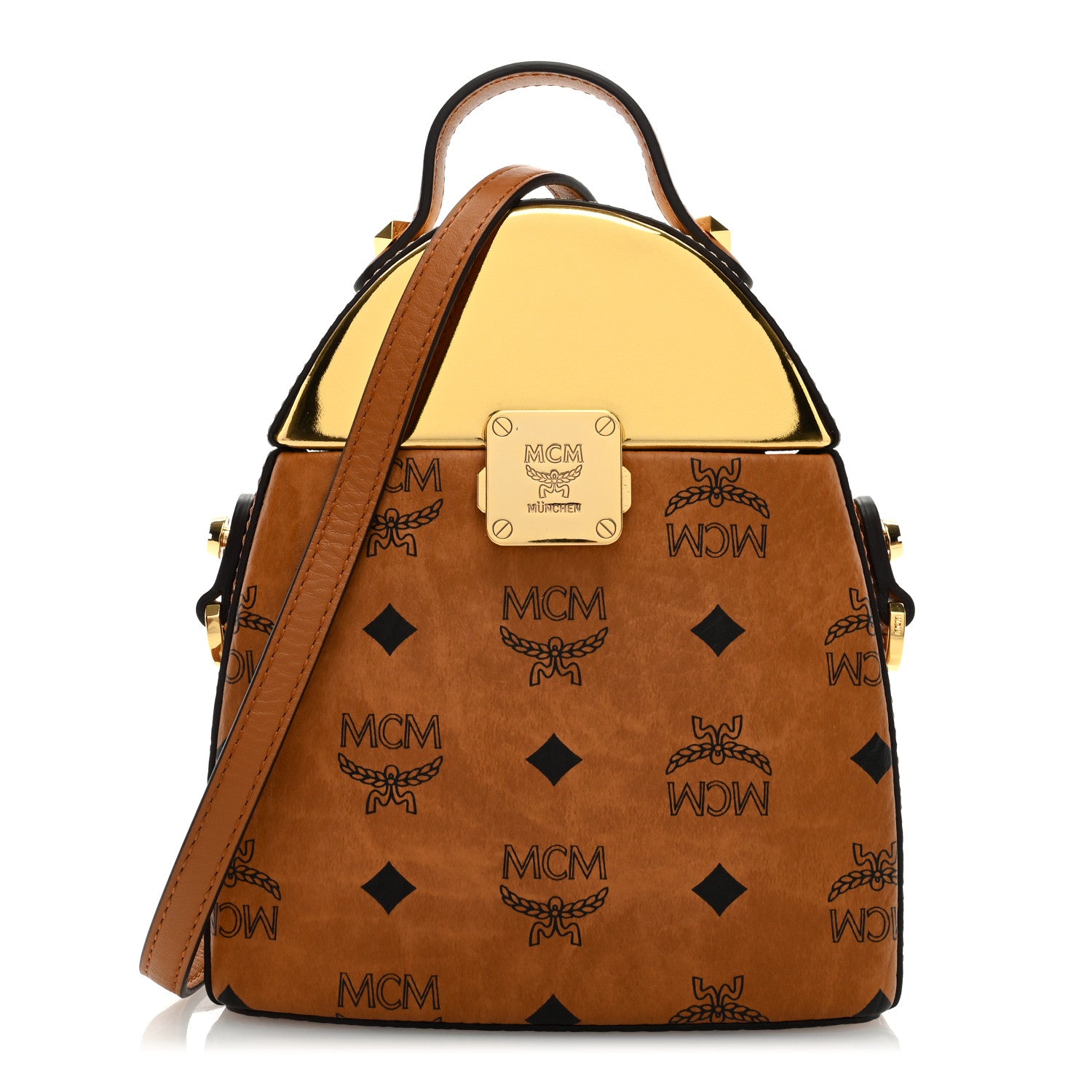 MCM Metallic Calfskin Visetos Stark Pushlock Clutch Cognac 1 of 8