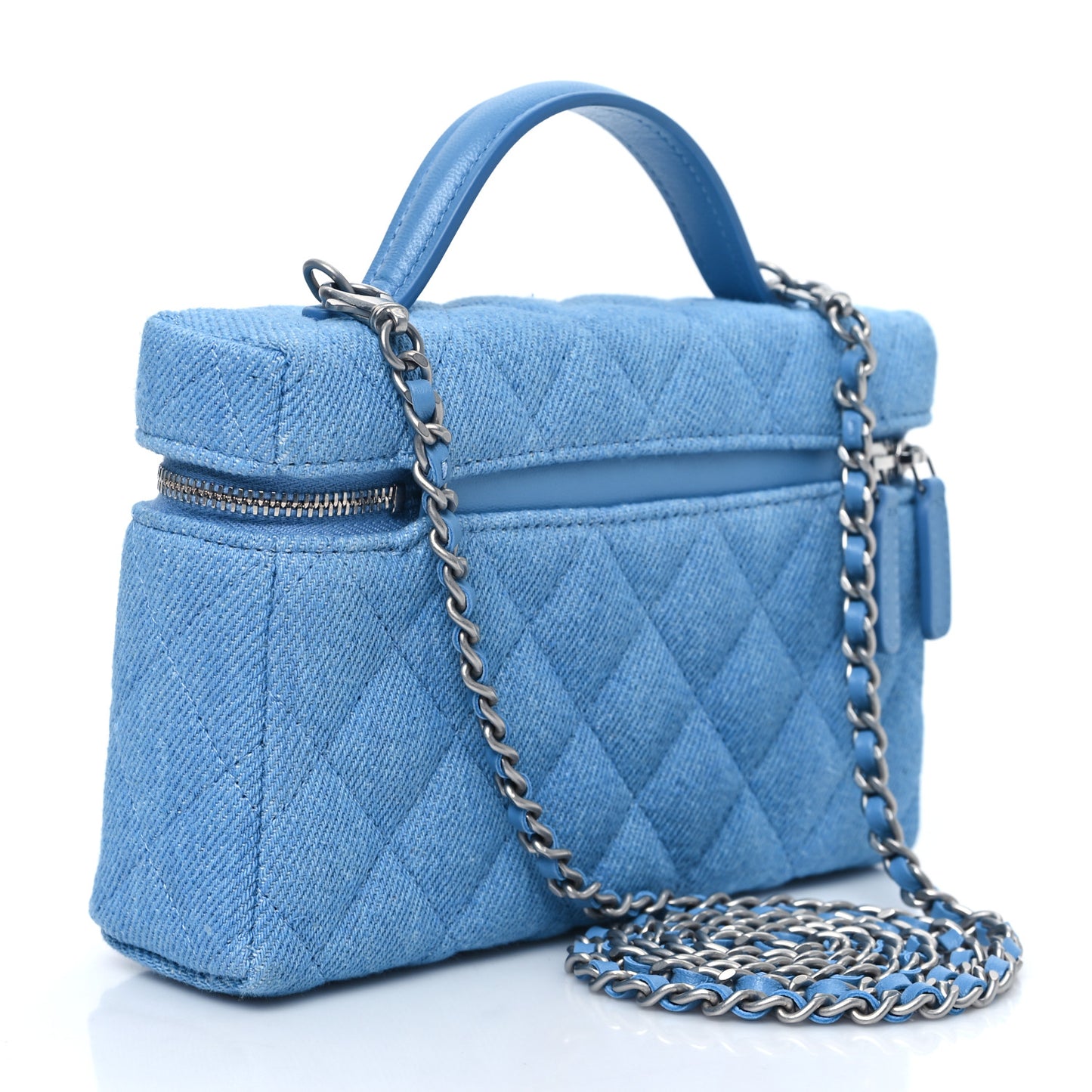 Denim Quilted Top Handle Slim Vanity Case With Chain Blue