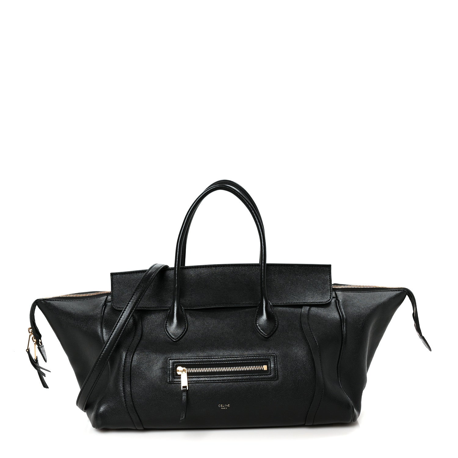 CELINE黒　M Celine Supple Shiny Lambskin Medium New Luggage Black 1909196