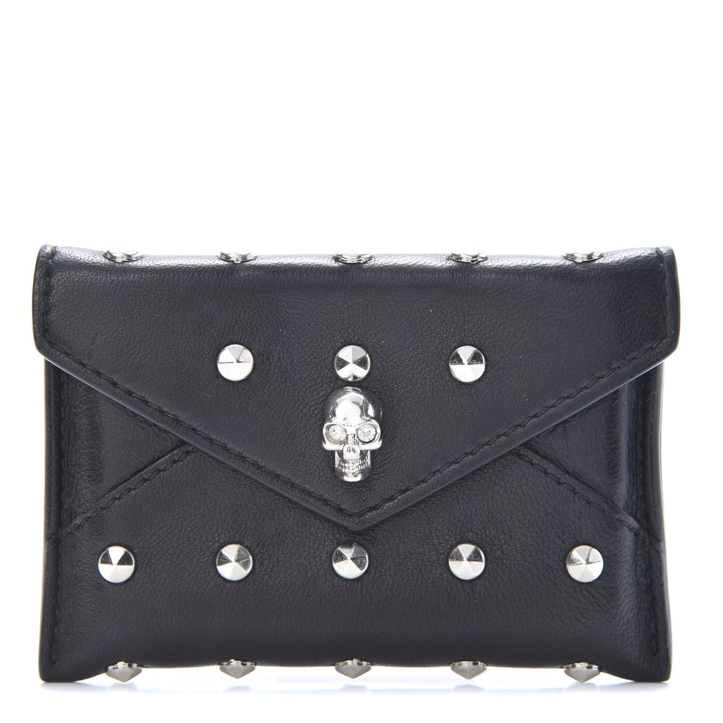 Calfskin Studded Skull Envelope Card Holder Black