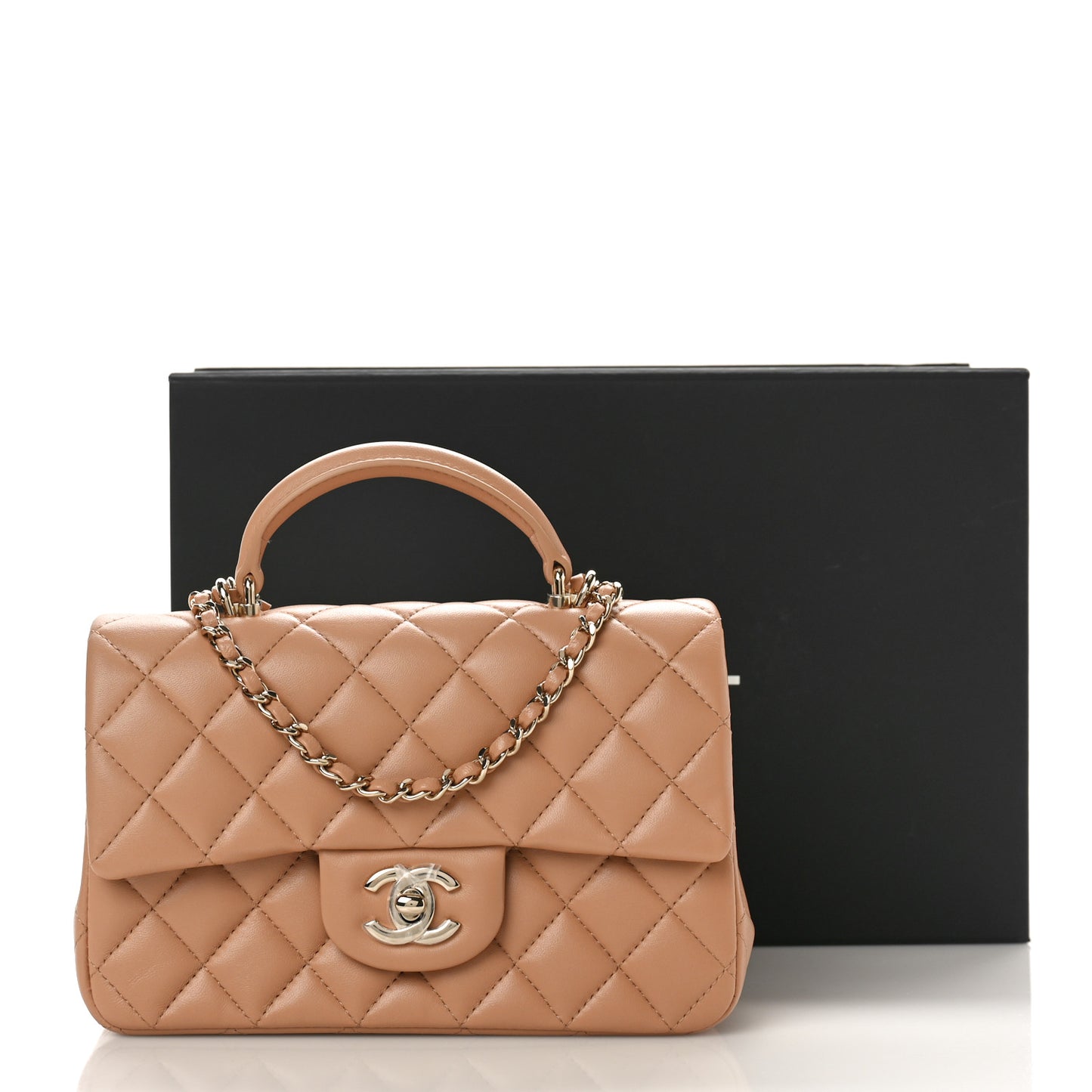 Lambskin Quilted Mini Top Handle Rectangular Flap Beige