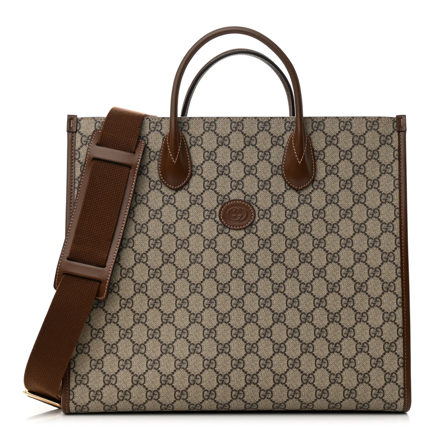 GG Supreme Monogram Azalea Calfskin Medium Retro Interlocking G Tote Bag Beige Ebony Brown Sugar