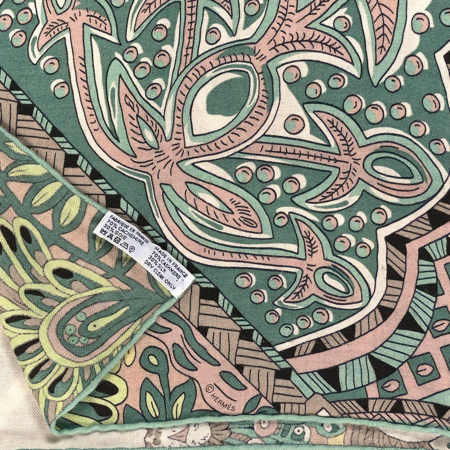 Cashmere Silk Le Jardin De La Maharani Recadre Shawl 140 White Vert Amande Beige Rose
