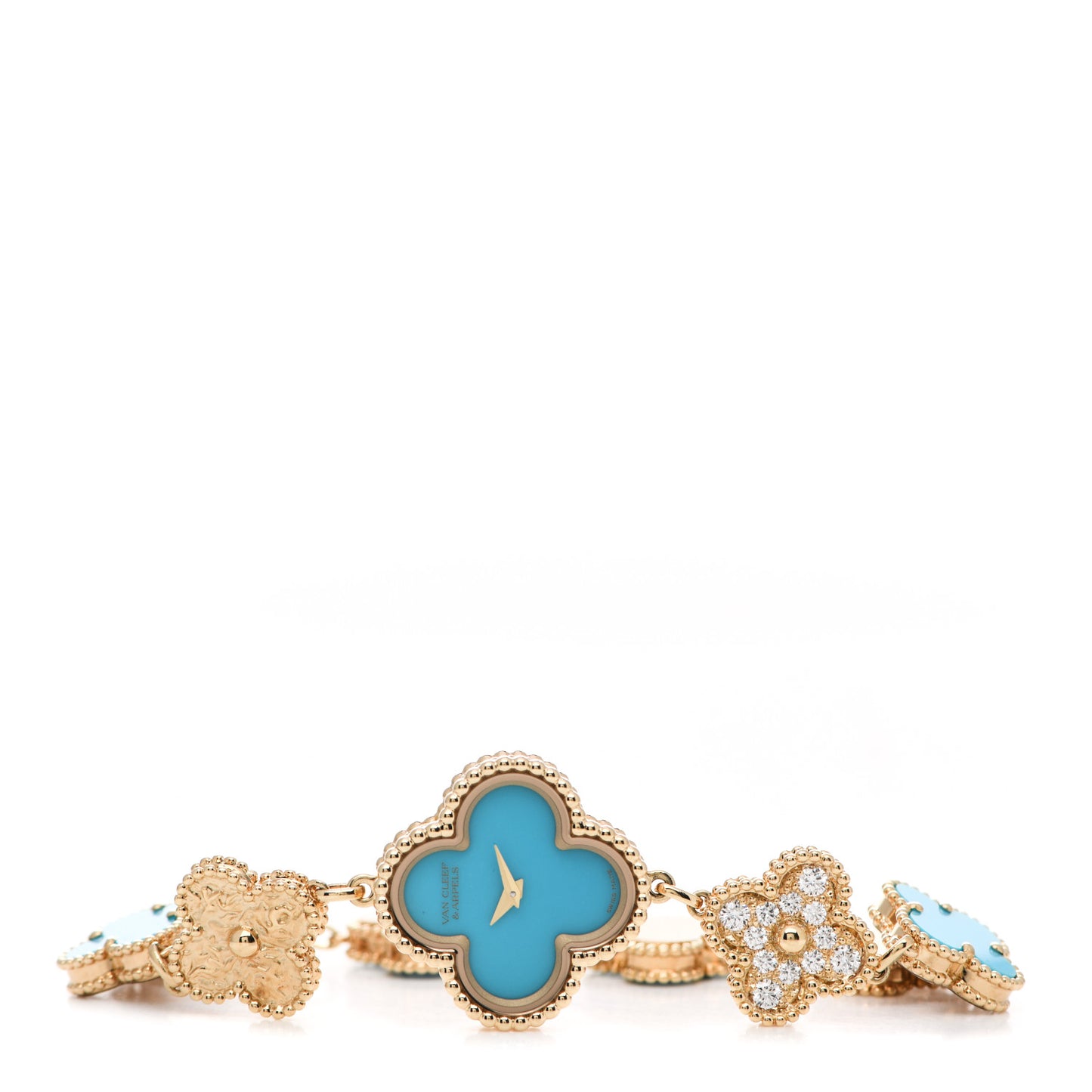 18K Yellow Gold Diamond Turquoise 23mm Alhambra Quartz Watch