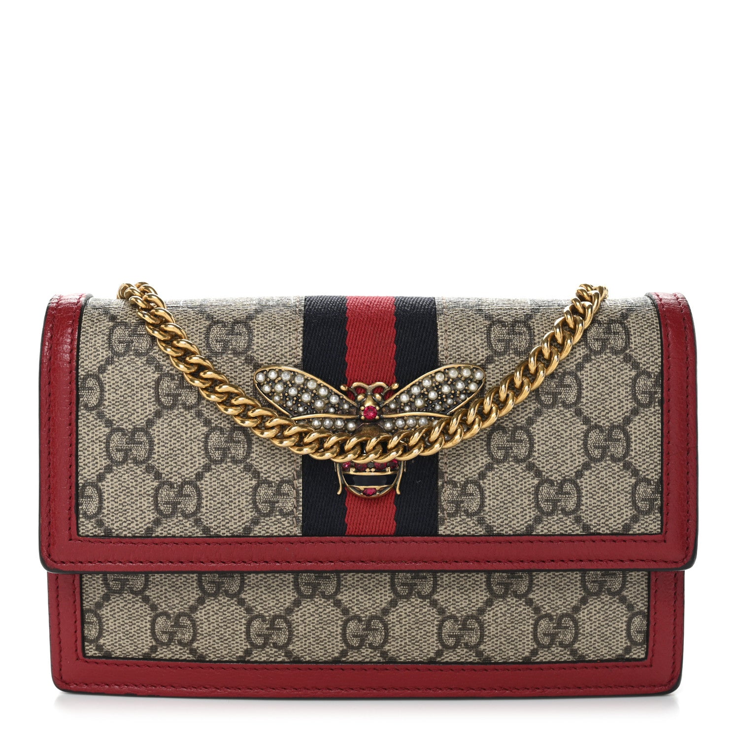 Gucci GG Supreme Monogram Web Queen Margaret Chain Wallet Red