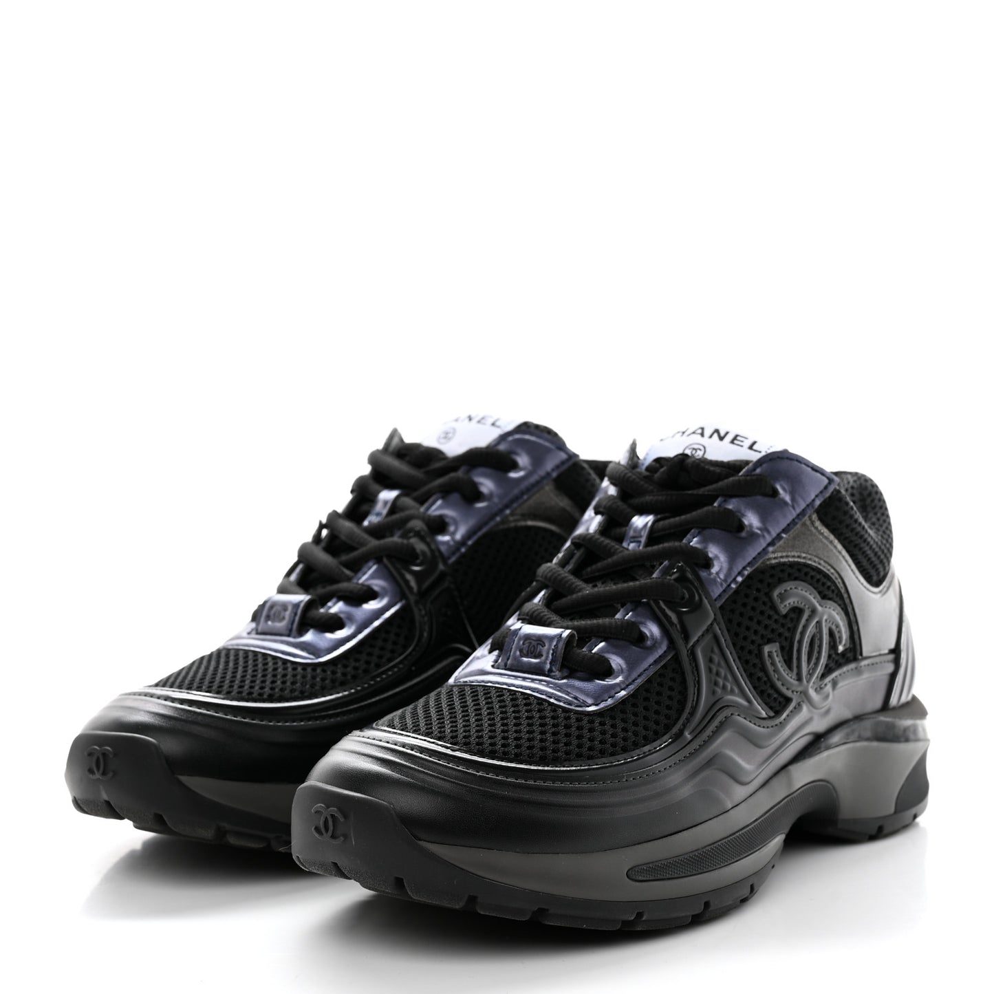 Fabric Laminated Calfskin Stretch CC Womens Sneakers 37 Black