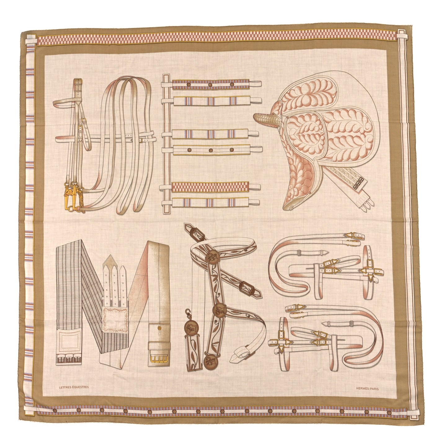 Cashmere Silk Lettres Equestres Shawl 140 Naturel Beige Rose Poudre