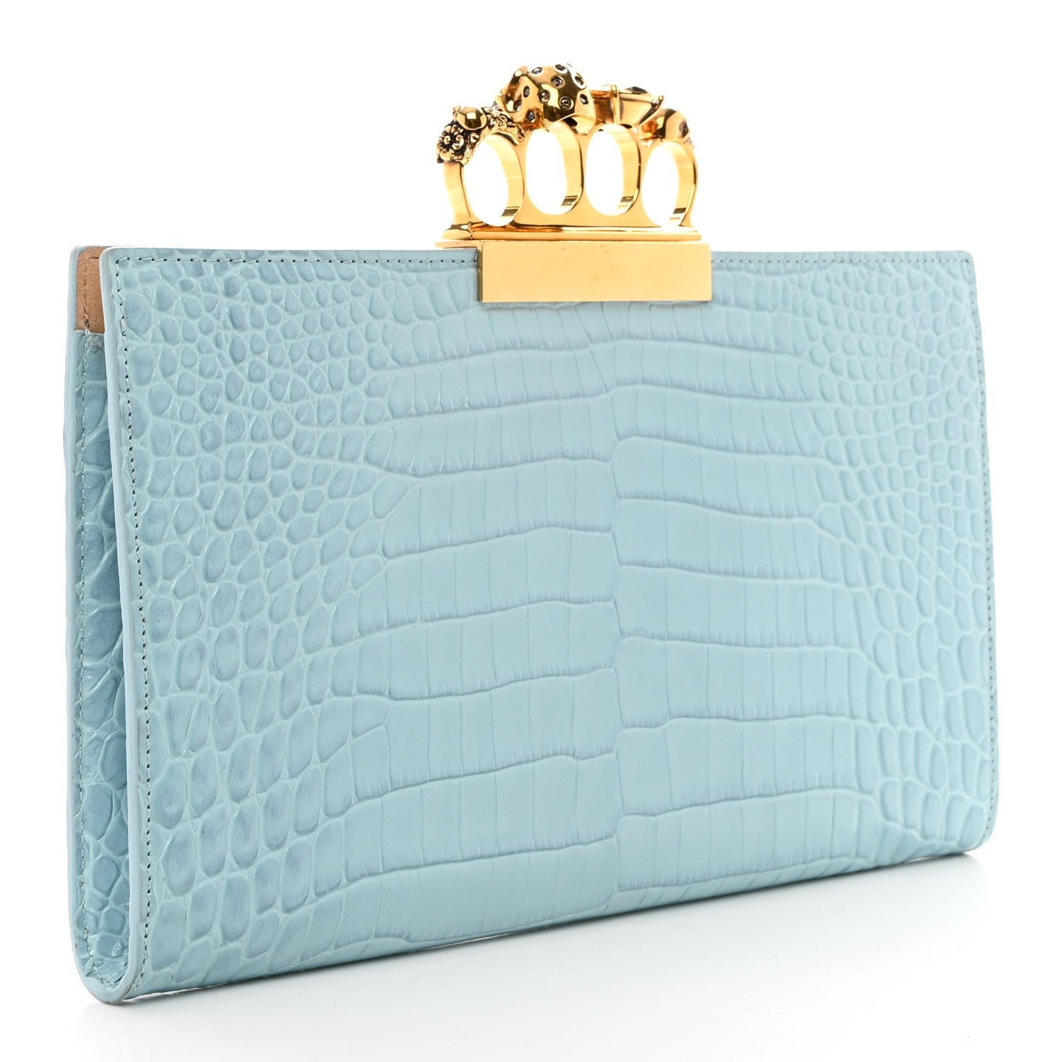 Alexander McQueen ALEXANDER MCQUEEN Calfskin Crocodile Embossed Knuckle Flat Clutch Light Blue 3 of 10