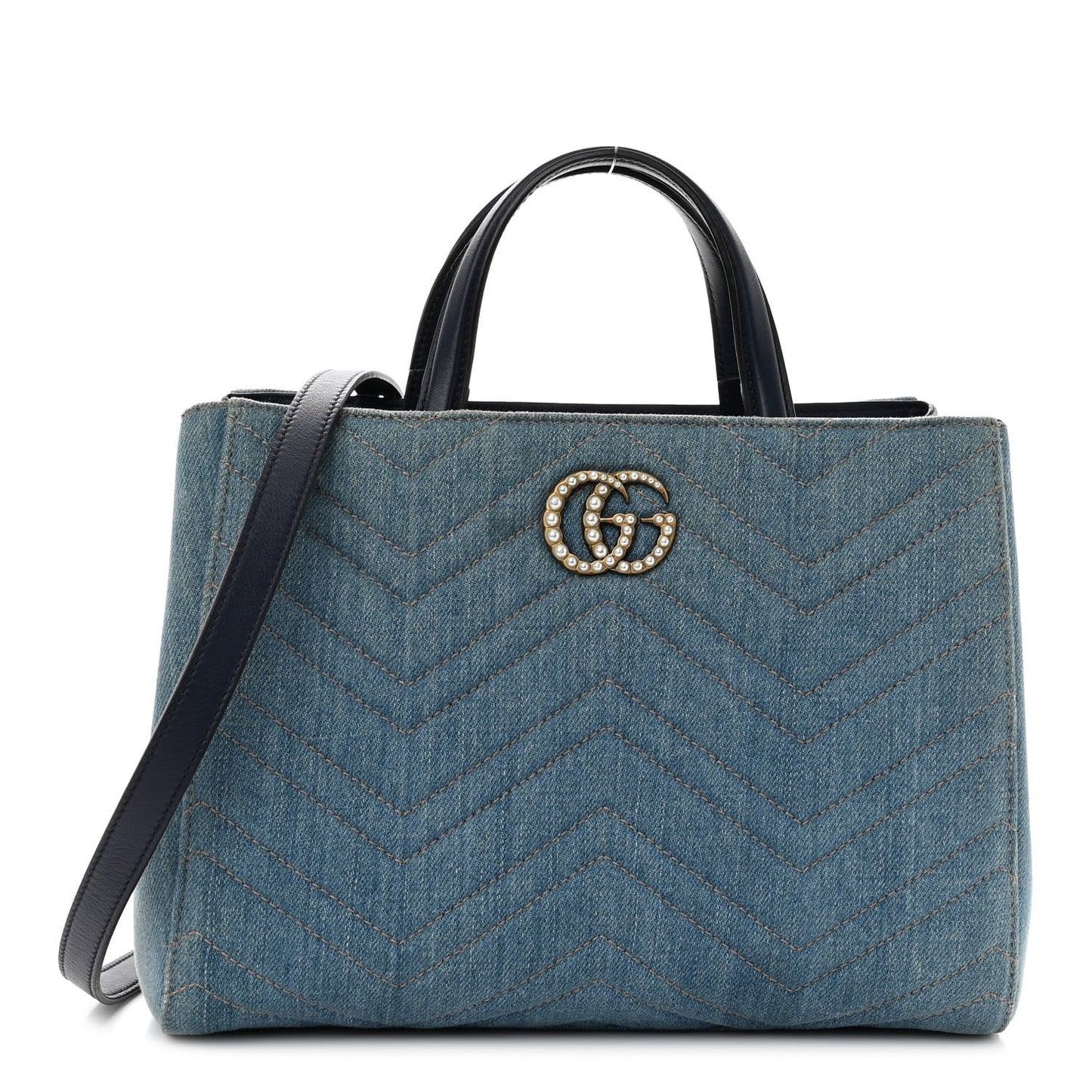Denim Matelasse Small Pearly GG Marmont Tote Blue