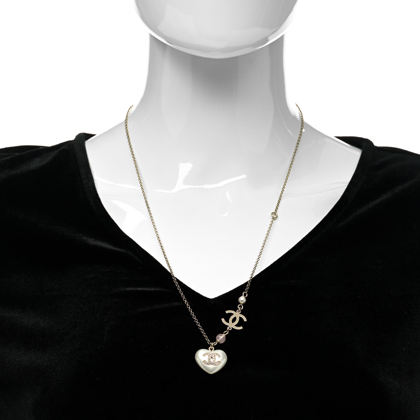 Resin Crystal CC Heart Necklace Pearly White Gold