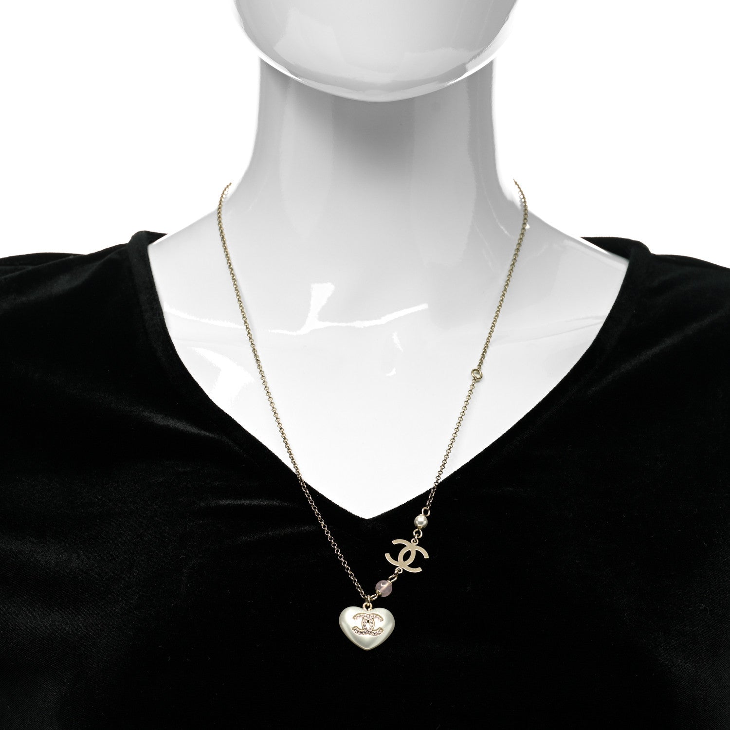 Chanel Resin Crystal CC Heart Necklace Pearly White Gold 2 of 5
