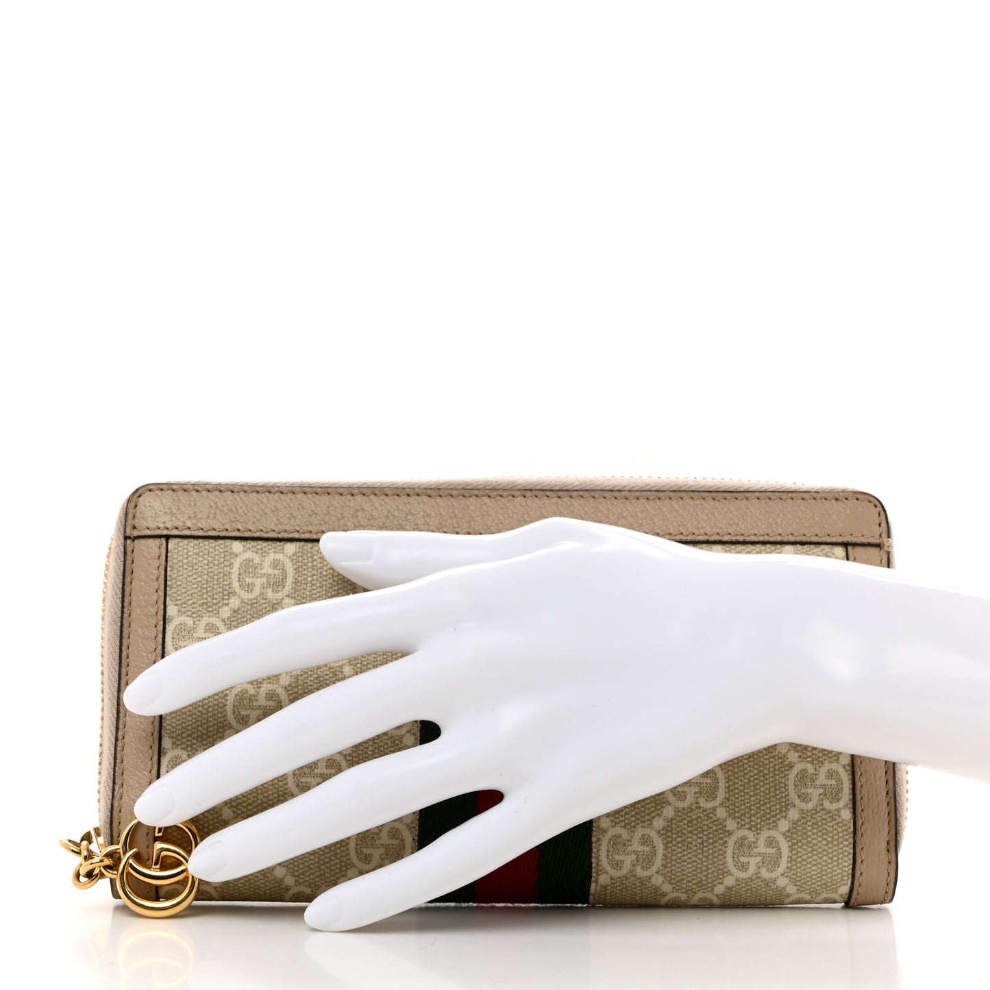 GG Supreme Monogram Textured Dollar Calfskin Web Ophidia Zip Around Wallet Beige Mystic White Oatmeal