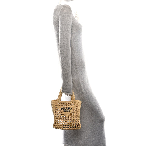 Yarn Raffia Effect Crochet Logo Embroidered Small Tote Bag Naturale