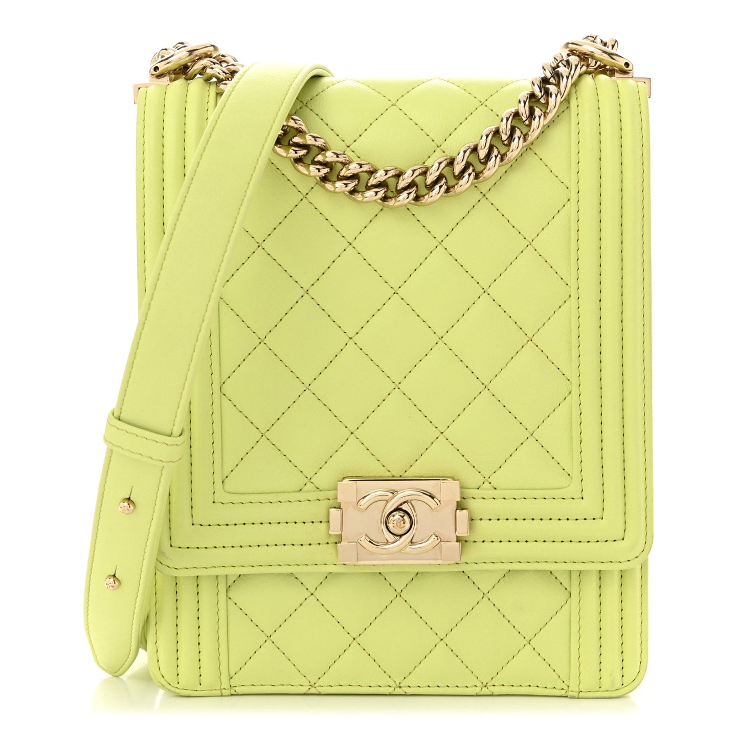 Calfskin Quilted North South Boy Flap Light Green