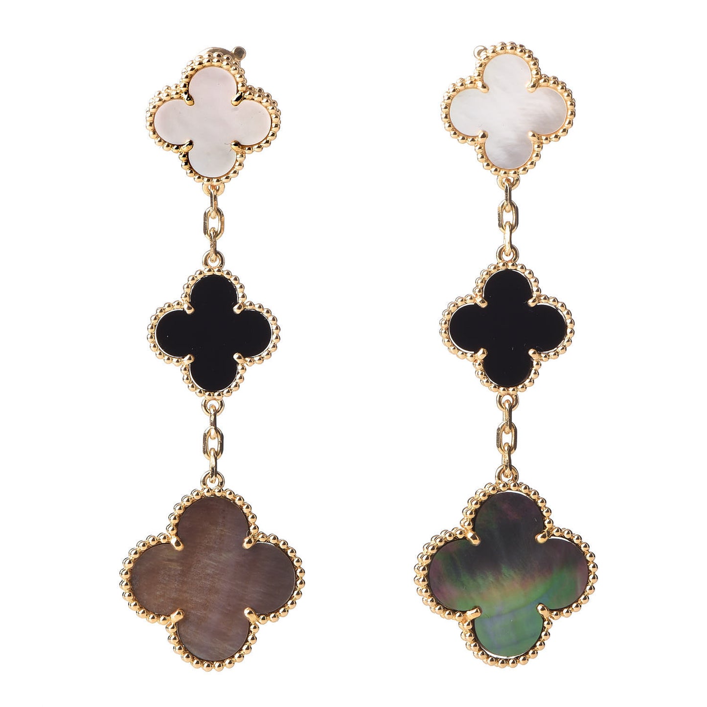 18K Yellow Gold Mother of Pearl Black Onyx 3 Motifs Magic Alhambra Earrings