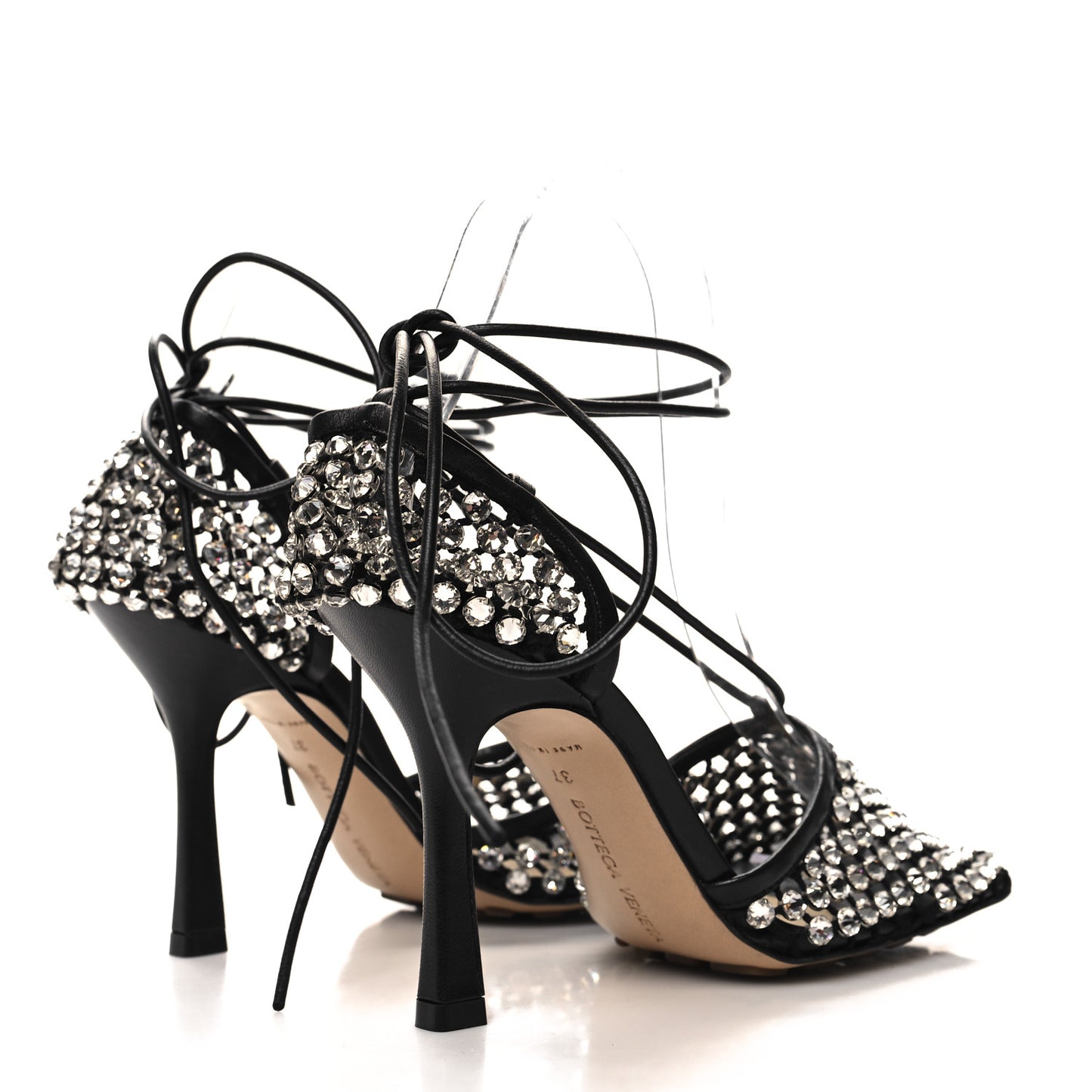 Mesh Nappa Crystal Embellished Sparkle Stretch Ankle Tie Sandals 37 Black