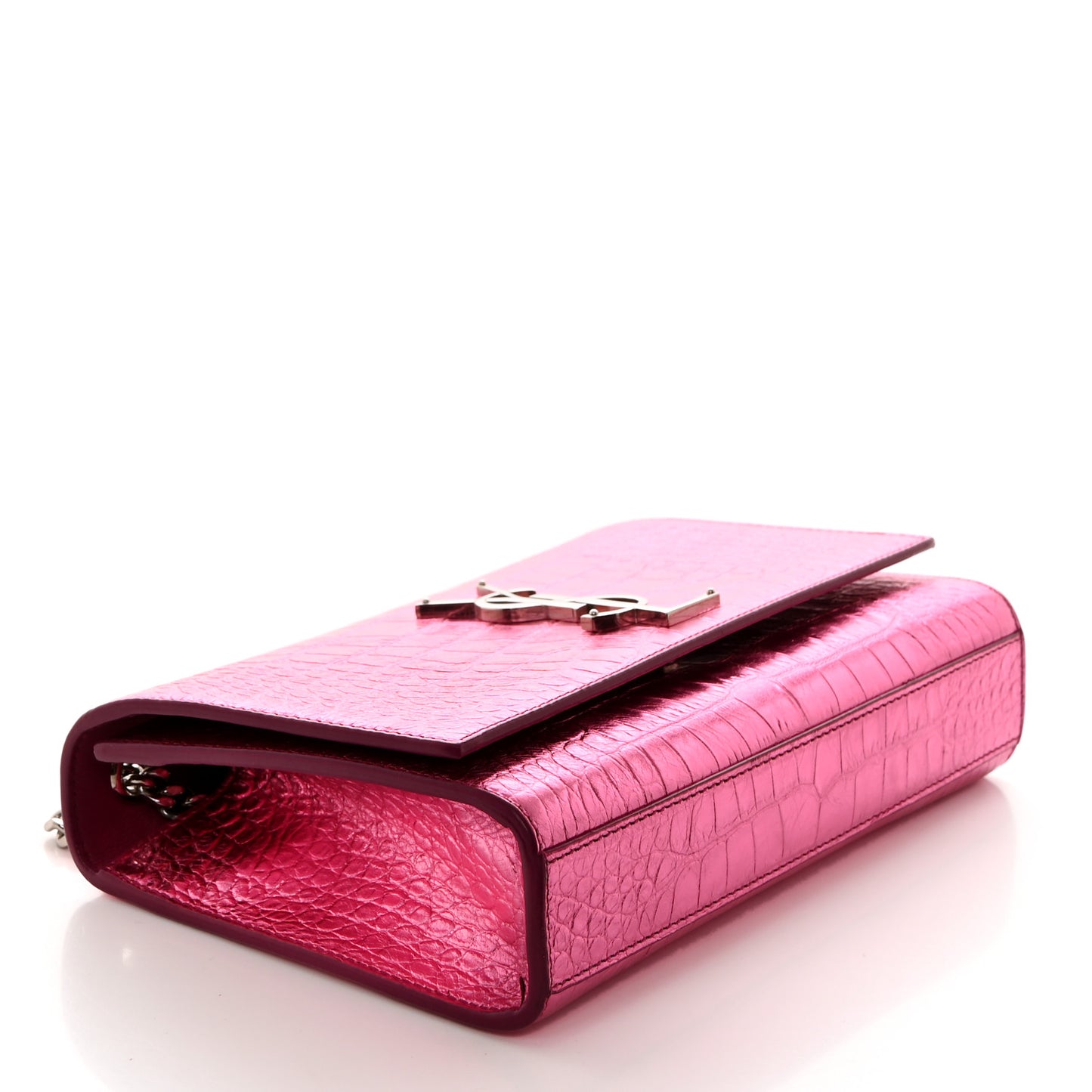 Metallic Calfskin Crocodile Embossed Small Classic Monogram Kate Tassel Satchel Pink