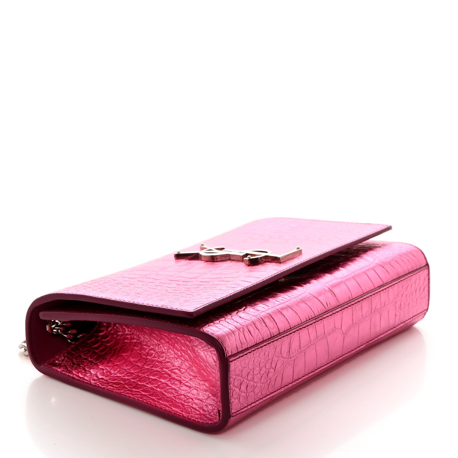 Saint Laurent Metallic Calfskin Crocodile Embossed Small Classic Monogram Kate Tassel Satchel Pink 4 of 11