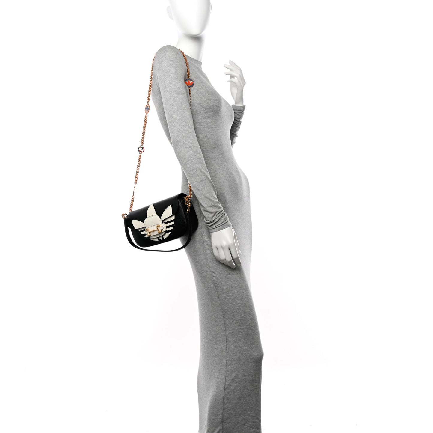 X ADIDAS Textured Dollar Calfskin Web Small Trefoil Horsebit 1955 Shoulder Bag Black Off White