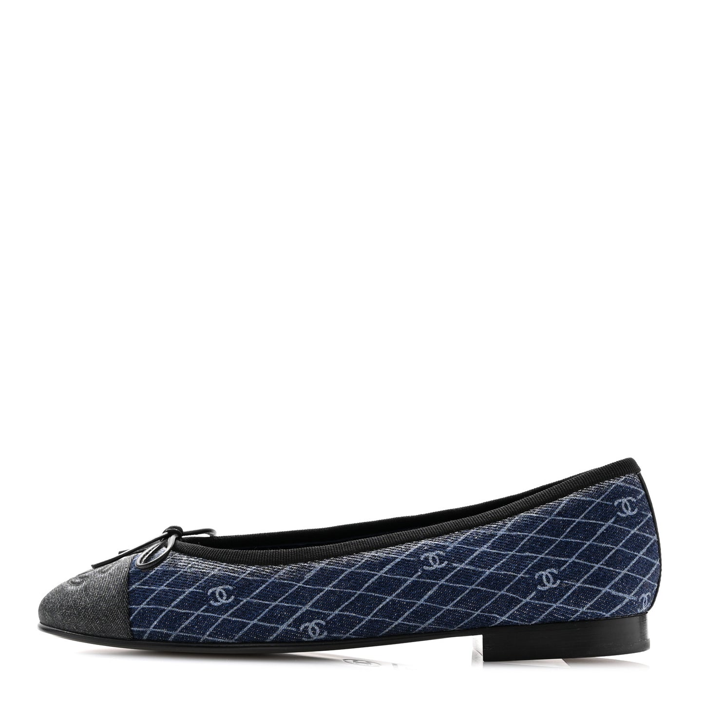Denim Printed Quilt CC Cap Toe Ballerina Flats 36 Navy Blue Dark Grey
