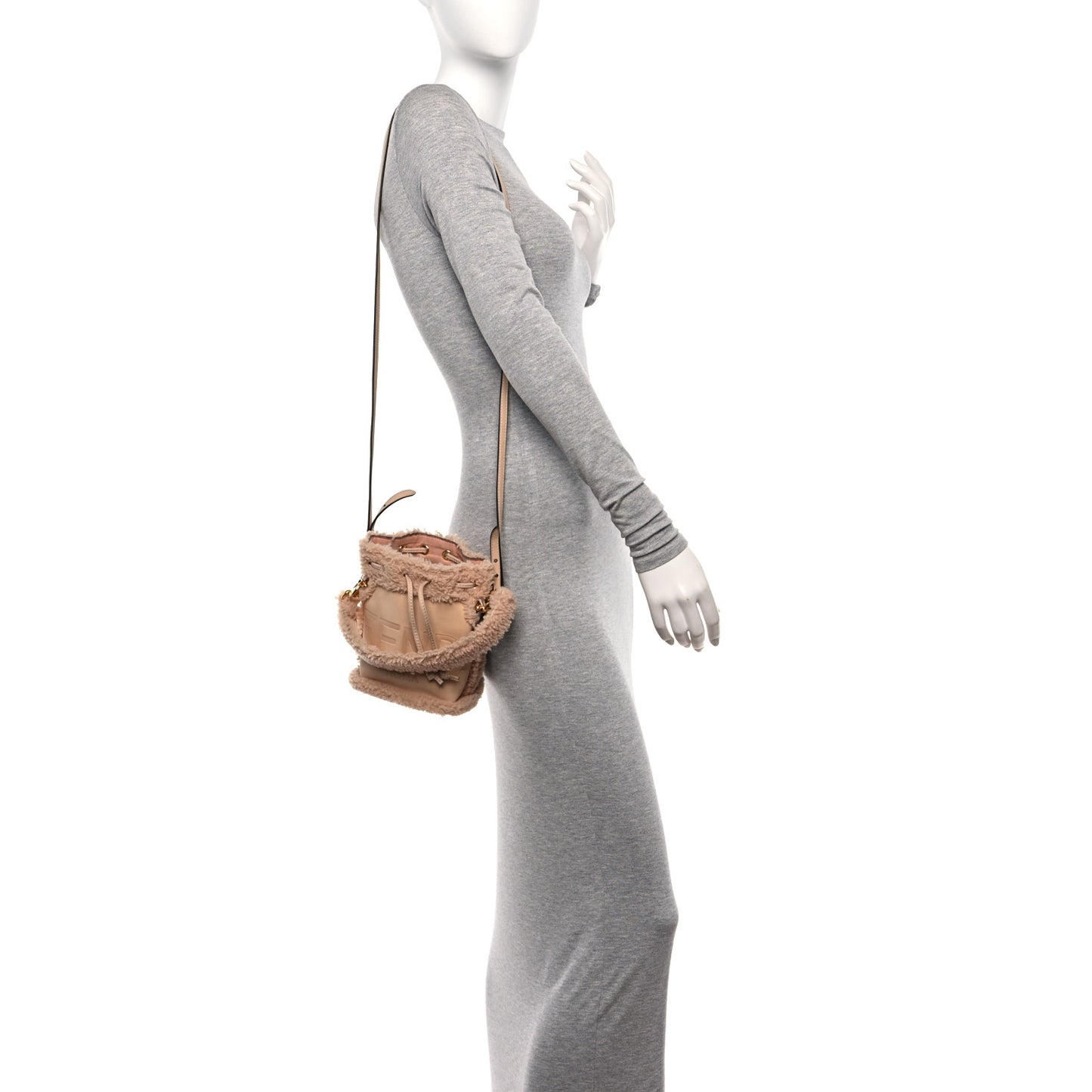Shearling Suede F is Fendi Logo Embossed Mini Mon Tresor Bucket Bag Light Rose