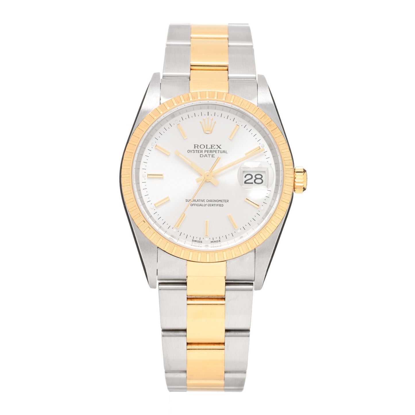 Stainless Steel 18K Yellow Gold 34mm Oyster Perpetual Date Watch Silver 15223