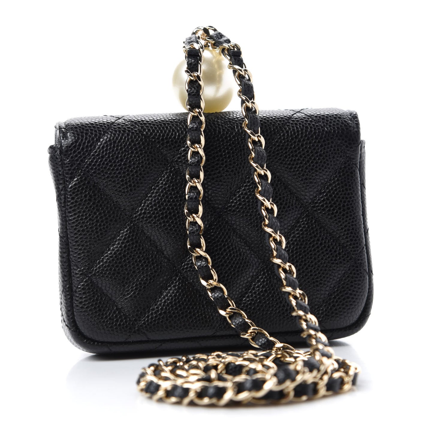 Caviar Quilted Pearl Card Holder On Chain Black