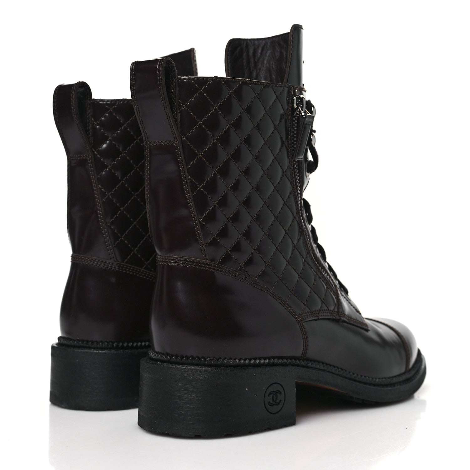 Chanel Shiny Calfskin Quilted CC Lace Up Combat Boots 40 Dark Burgundy 4 of 9