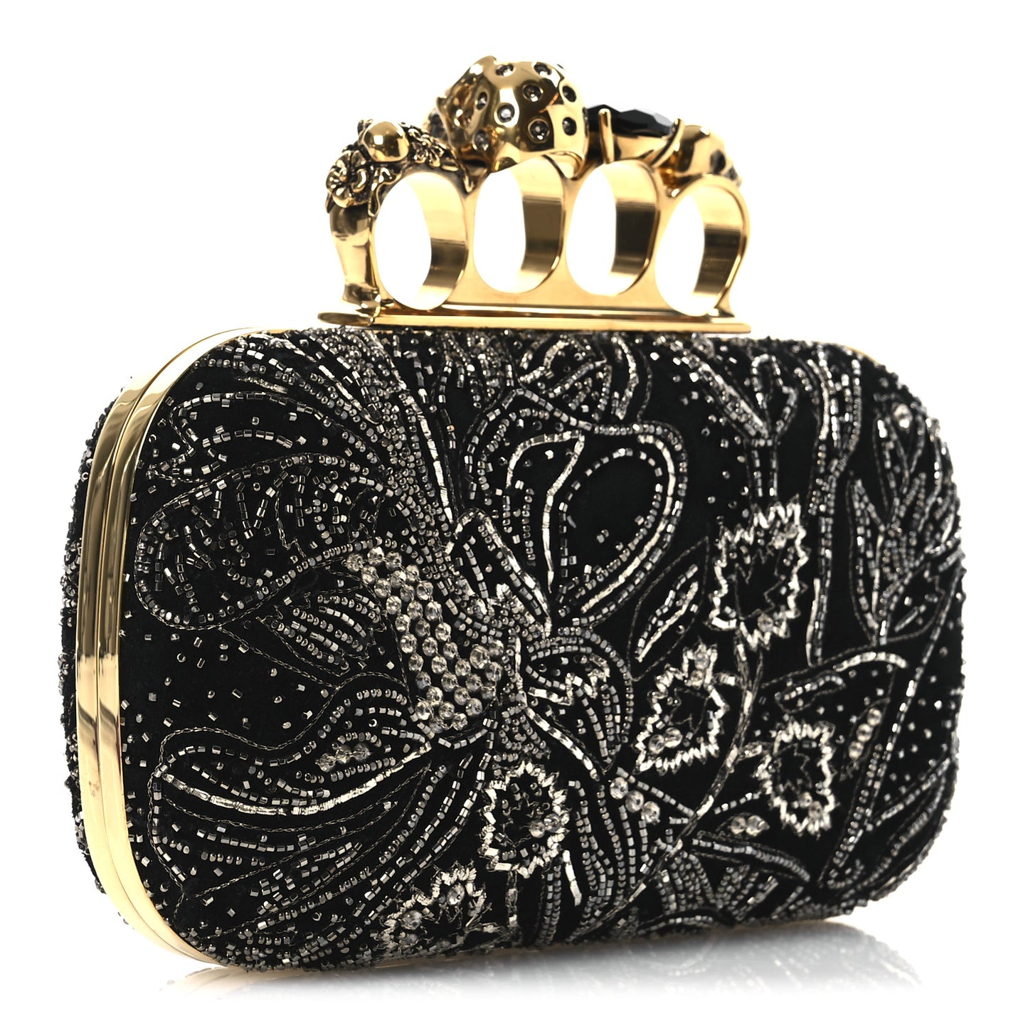 Suede Embroidered Knuckle Box Clutch Black