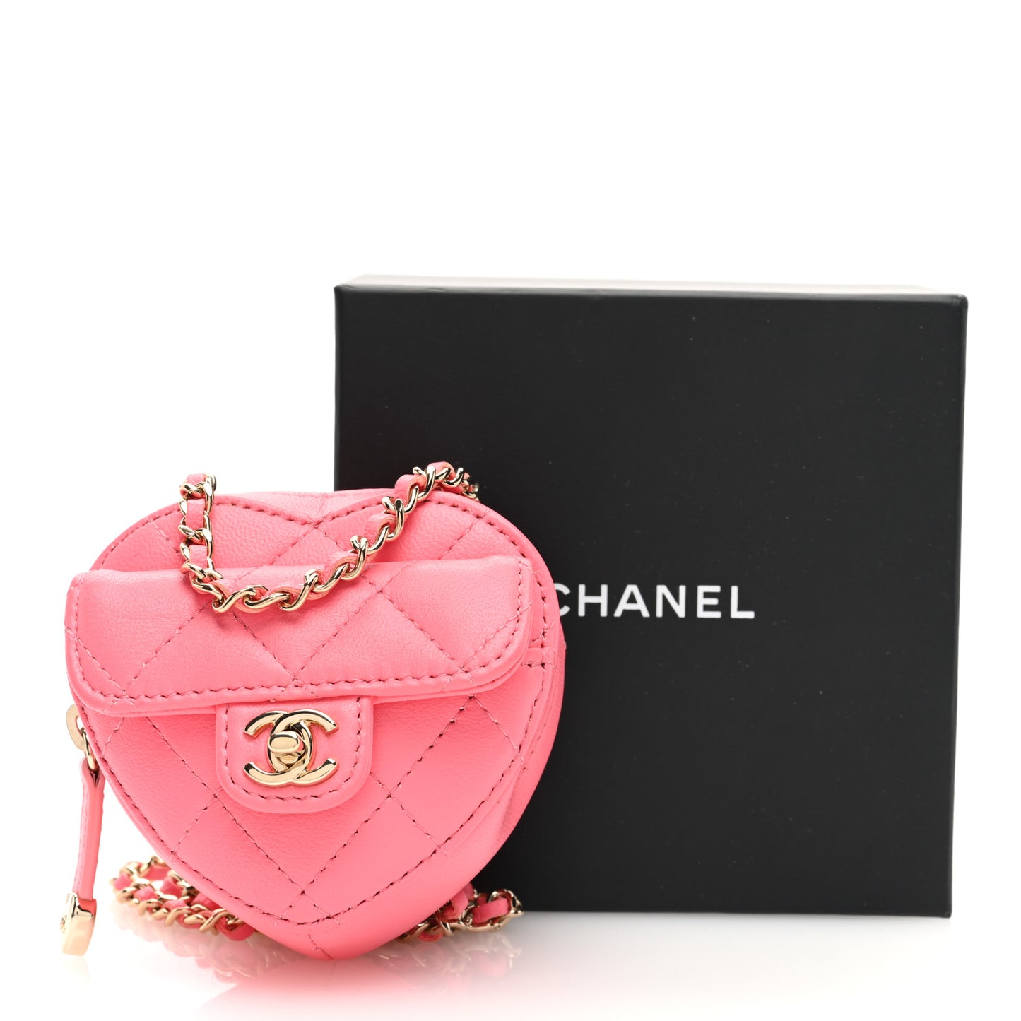 Lambskin Quilted CC In Love Heart Coin Purse With Chain Pink