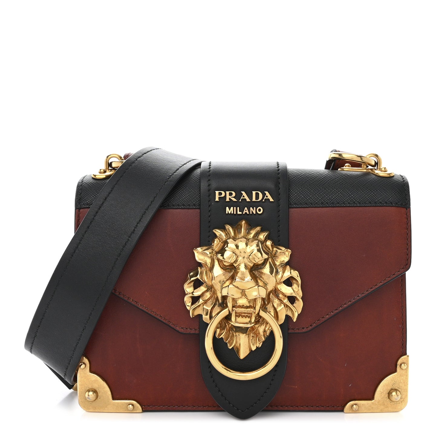 Antic Soft Saffiano Lions Head Cahier Shoulder Bag Cotto Black