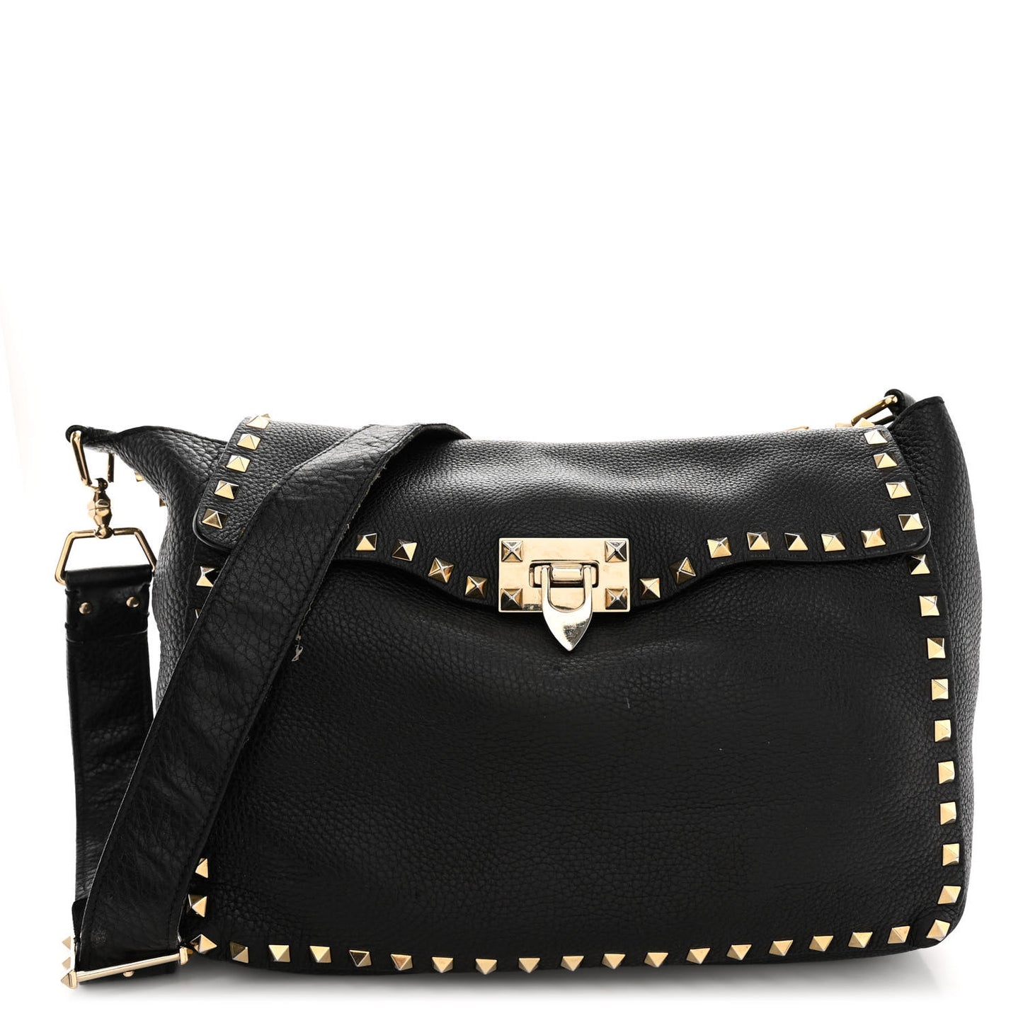 Pebbled Calfskin Rockstud Flip-Lock Messenger Bag Black