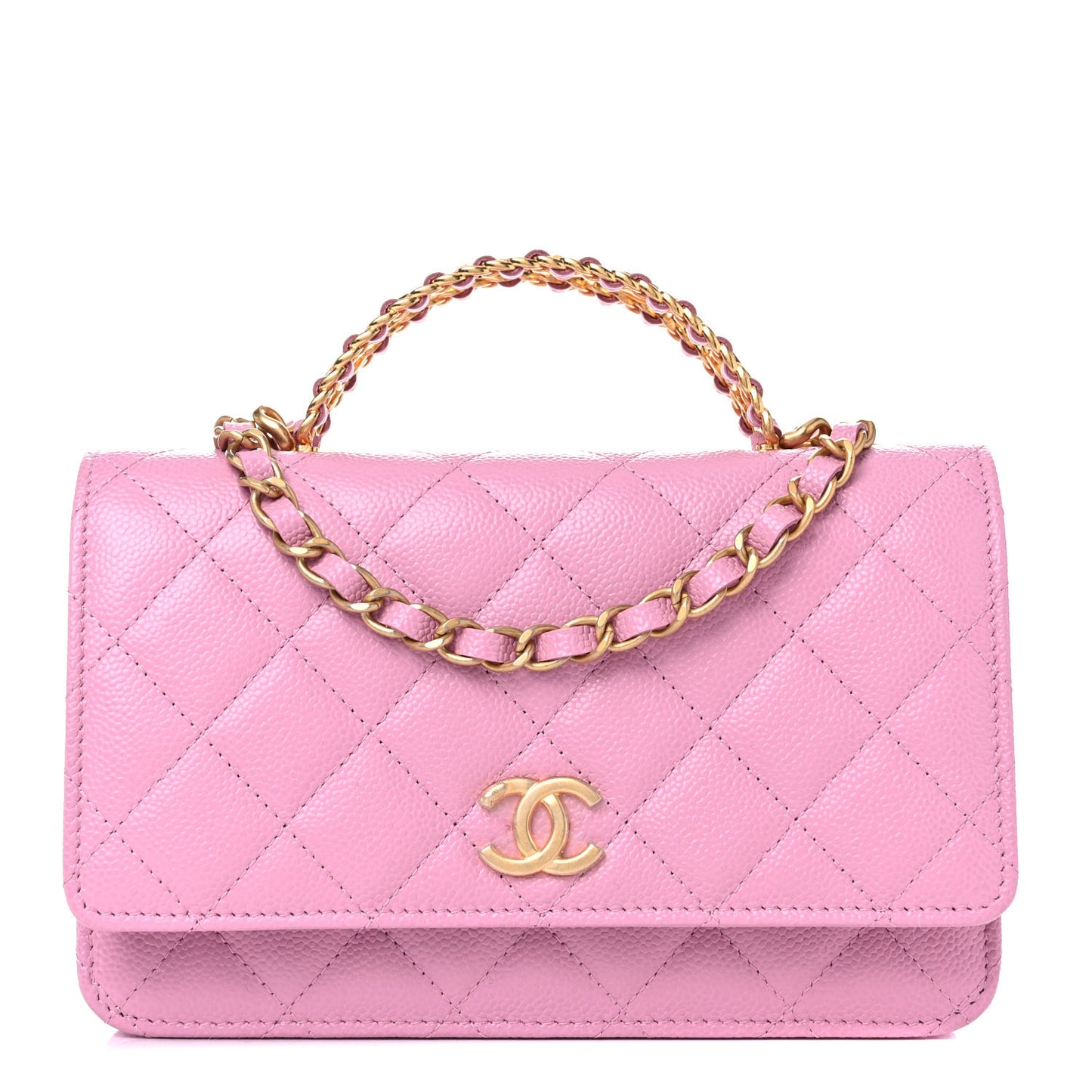 Shiny Caviar Quilted Pick Me Up Wallet On Chain WOC Pink