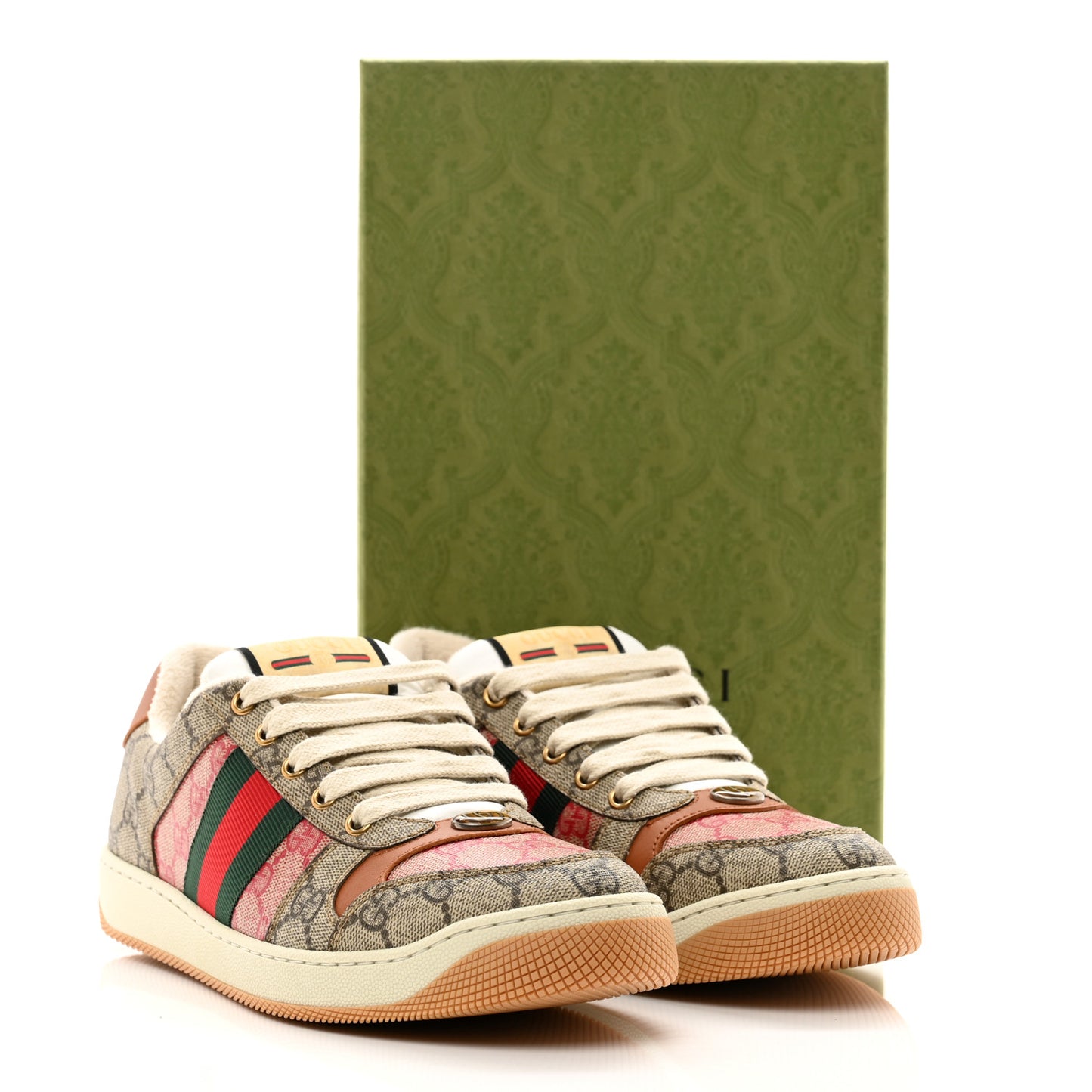 GG Supreme Monogram Harness Calfskin Web Womens Screener Sneakers 39.5 Beige Ebony Rosso Harness Brown
