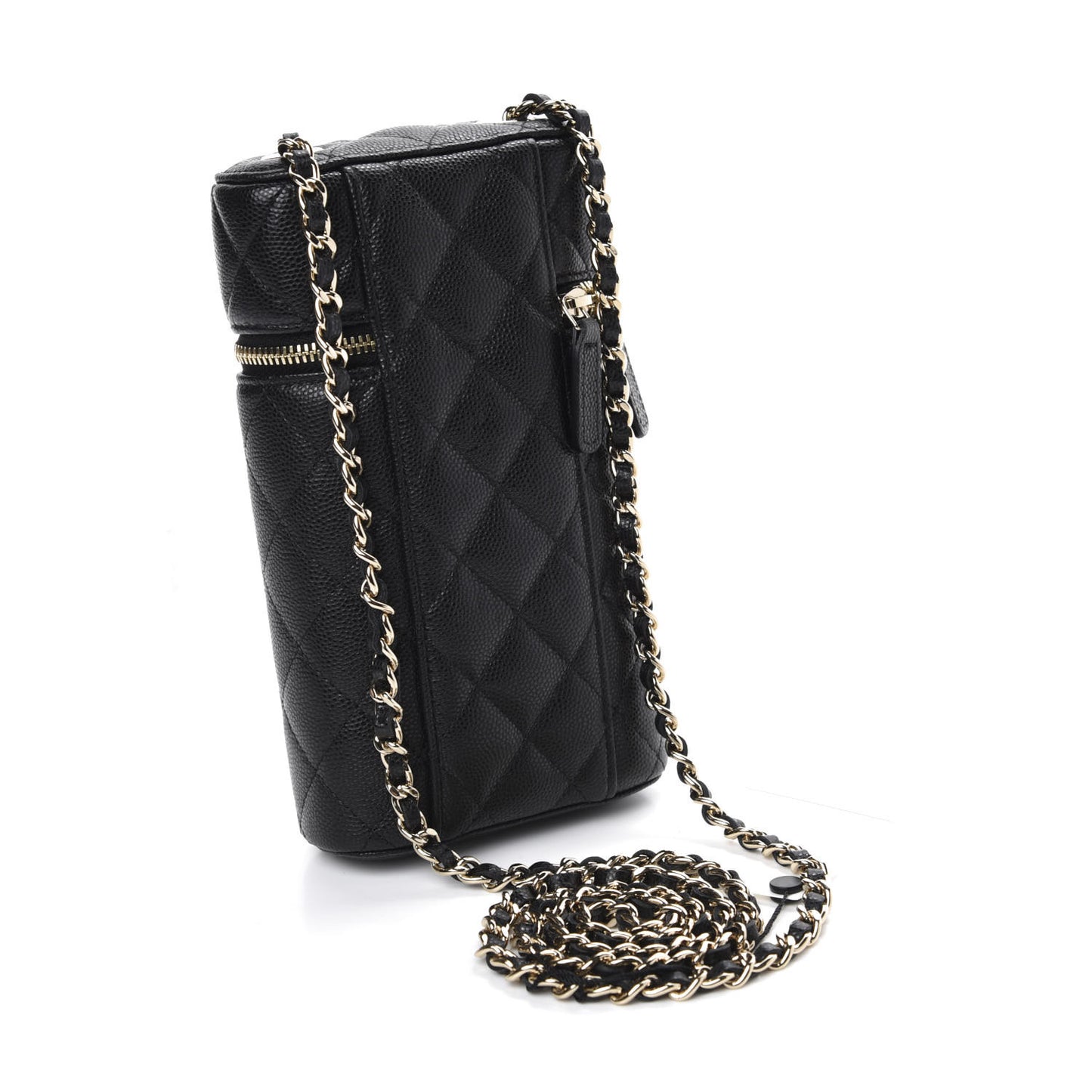 Caviar Quilted Phone Holder With Chain Black