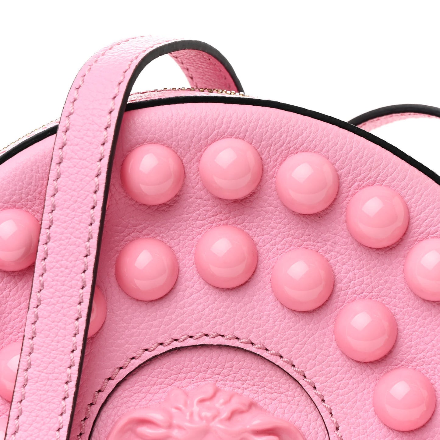 Grained Calfskin Studded Mini La Medusa Round Crossbody Bag Pink