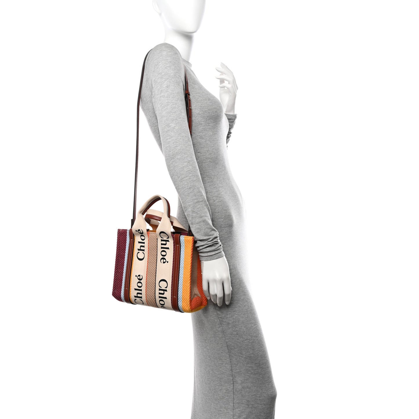 Cotton Calfskin Small Woody Striped Ribbon Tote Multicolor