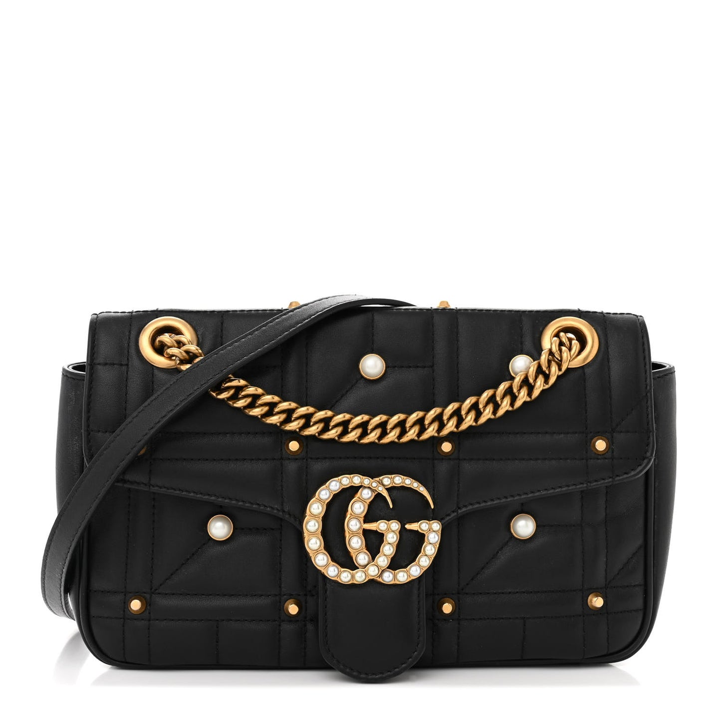 Calfskin Matelasse Studded Small Pearly GG Marmont Shoulder Bag Black
