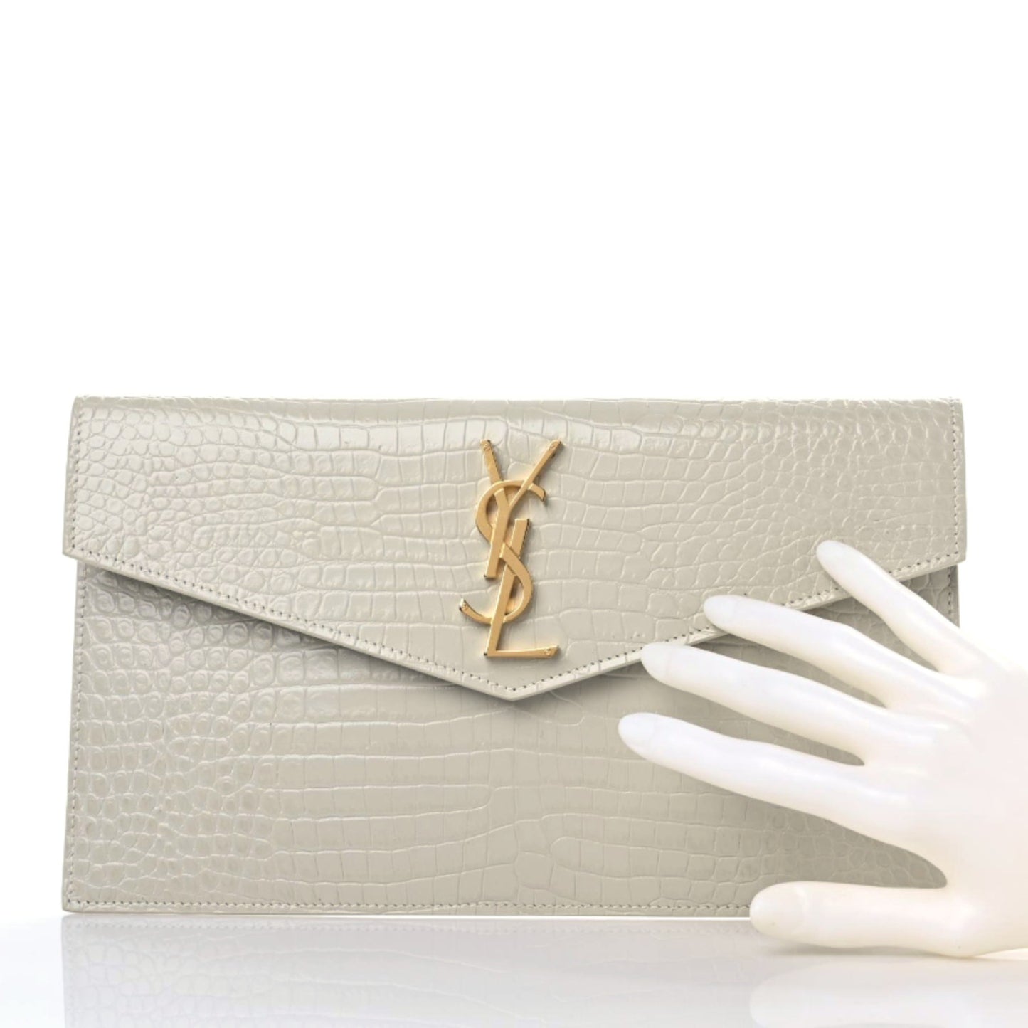 Calfskin Crocodile Embossed Uptown Monogram Pouch Crema Soft
