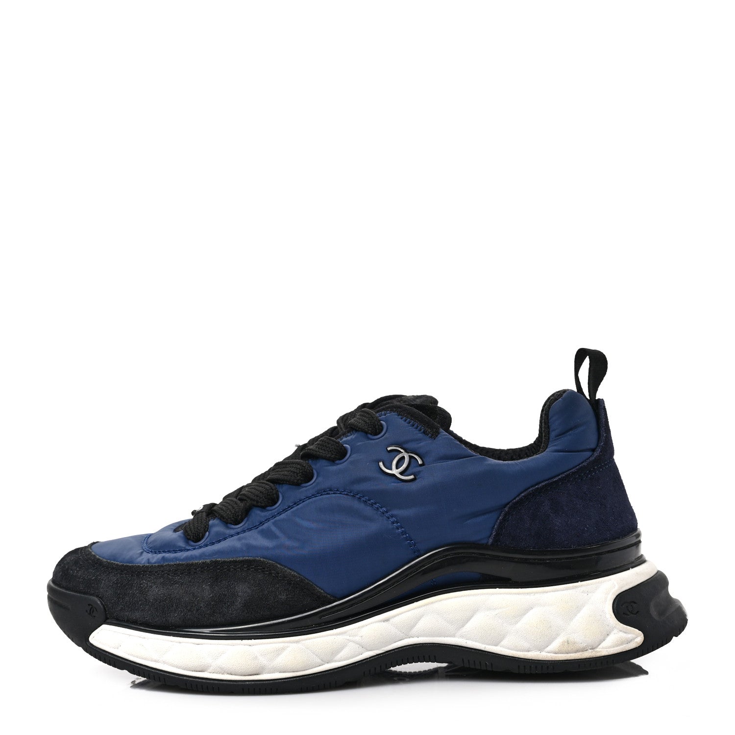 Chanel Nylon Suede Calfskin Womens Logo Sneakers 37.5 Blue Navy