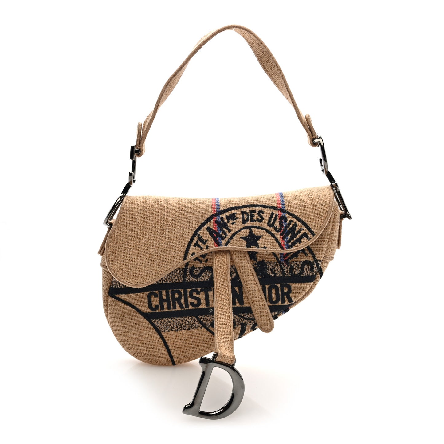Canvas Jute Embroidered Saddle Bag Black Beige