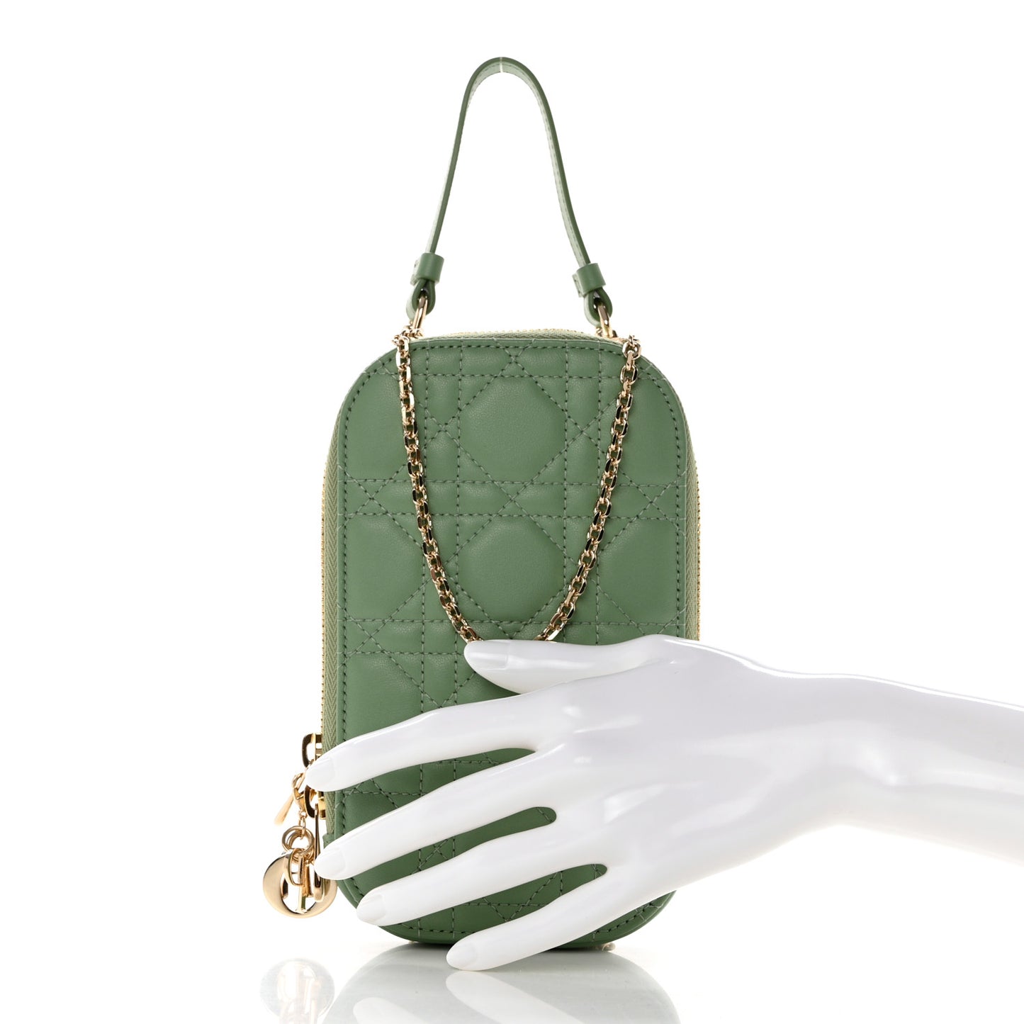 Lambskin Cannage Lady Dior Phone Holder Green