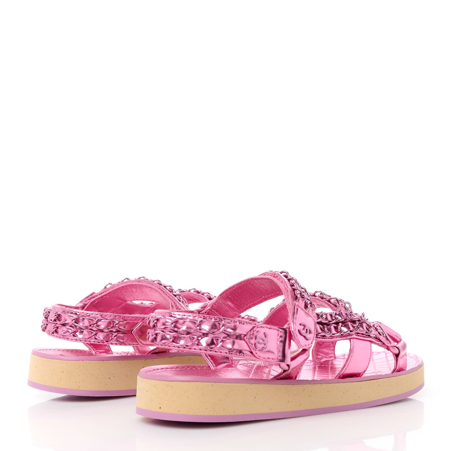 Metallic Laminated Goatskin Chain Flat Sandals 36 Fuchsia