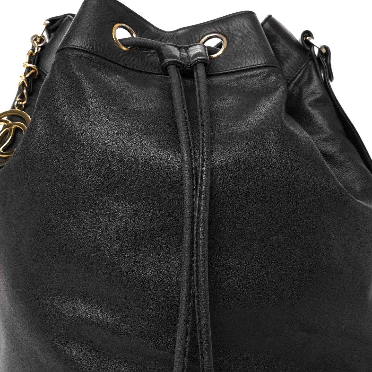 Lambskin Quilted Drawstring Bucket Bag Black