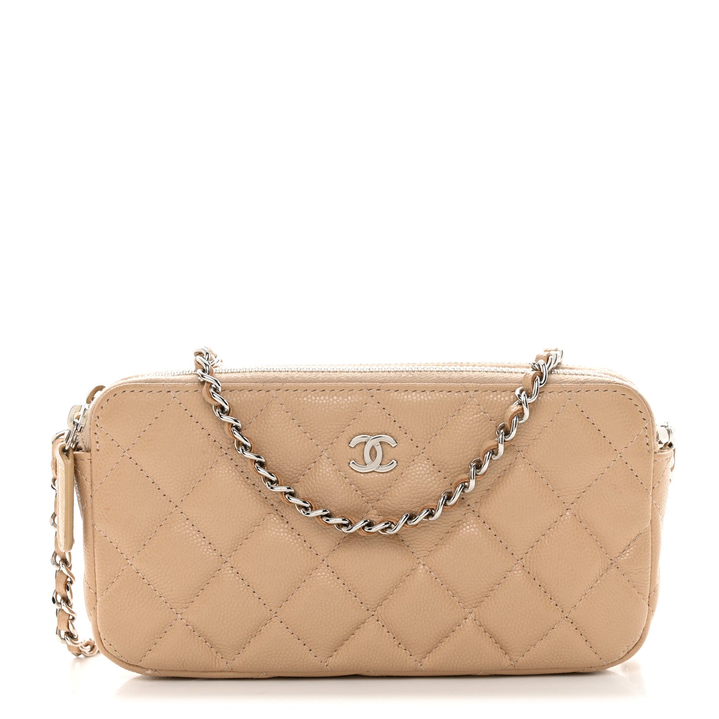 Iridescent Caviar Quilted Small Clutch With Chain Beige