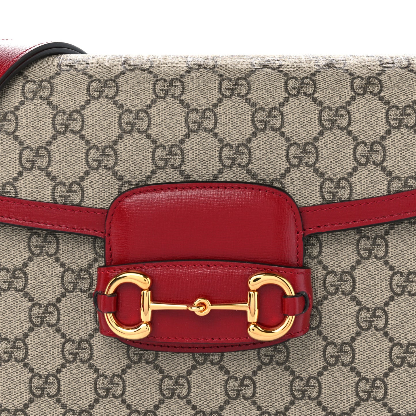 GG Supreme Monogram Azalea Calfskin Horsebit 1955 Shoulder Bag Beige Ebony New Cherry Red
