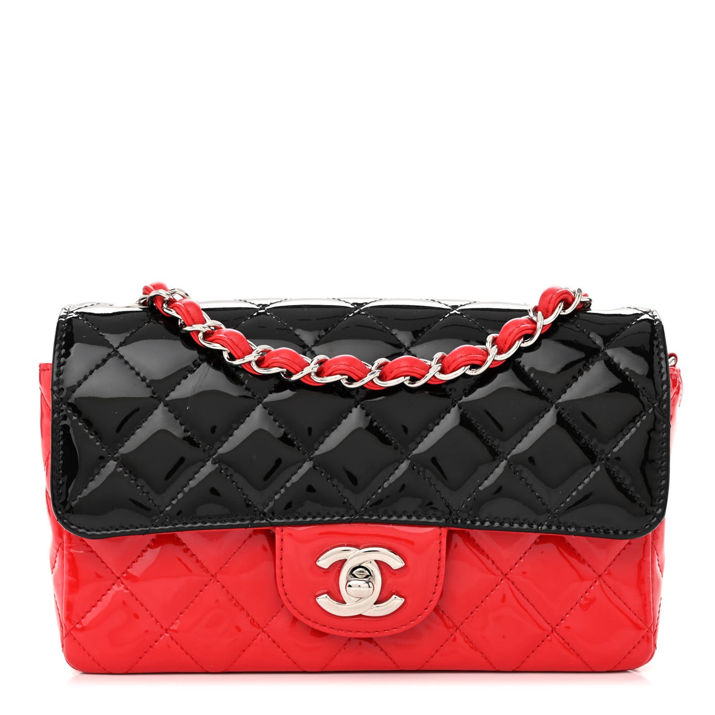 Patent Calfskin Quilted Bi-Color Mini Rectangular Flap Red Black