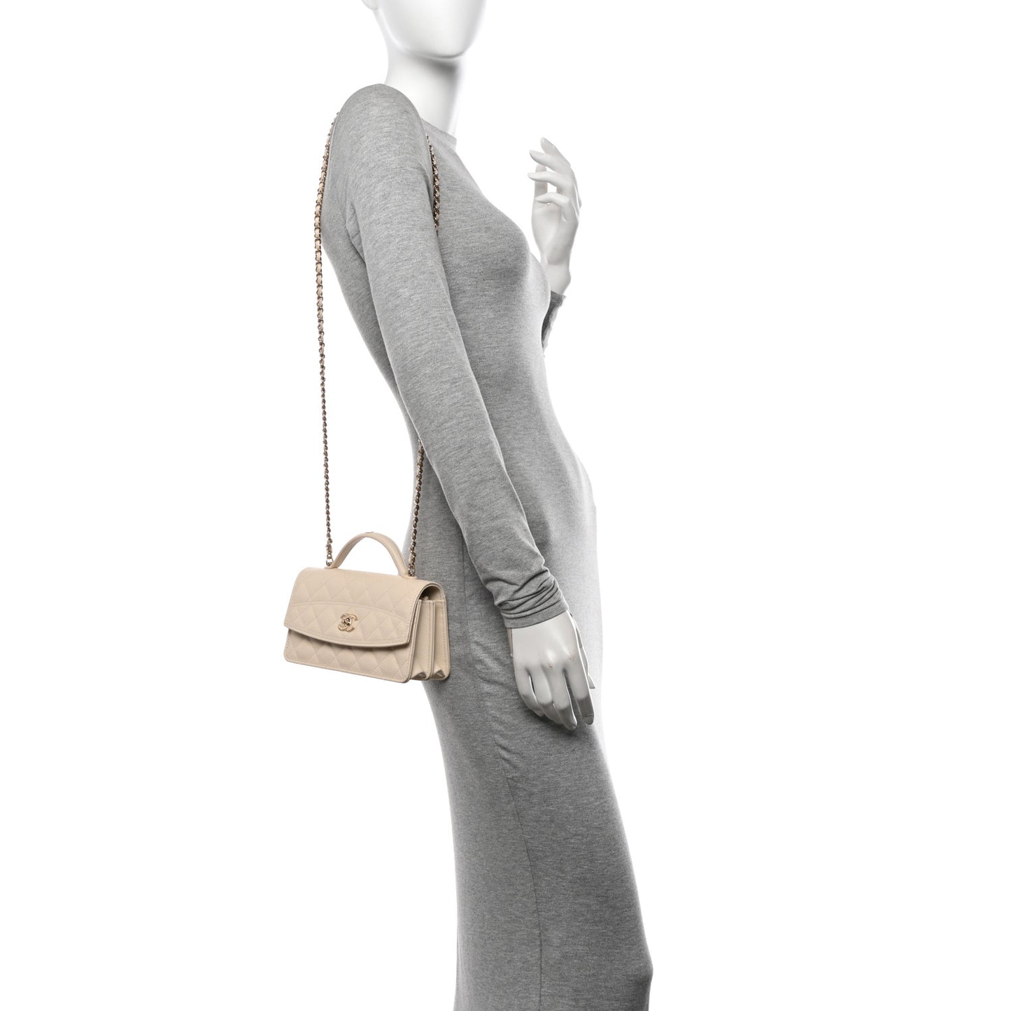 Caviar Quilted Trendy Handle Clutch With Chain Ecru