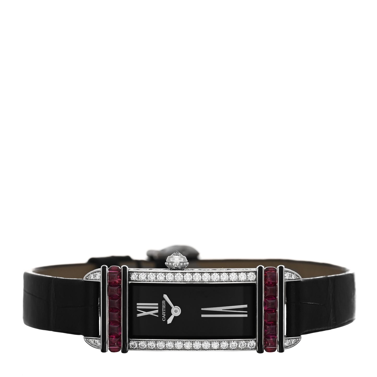 18K White Gold Alligator Diamond Ruby 15mm Tank Chinoise Quartz Watch Black