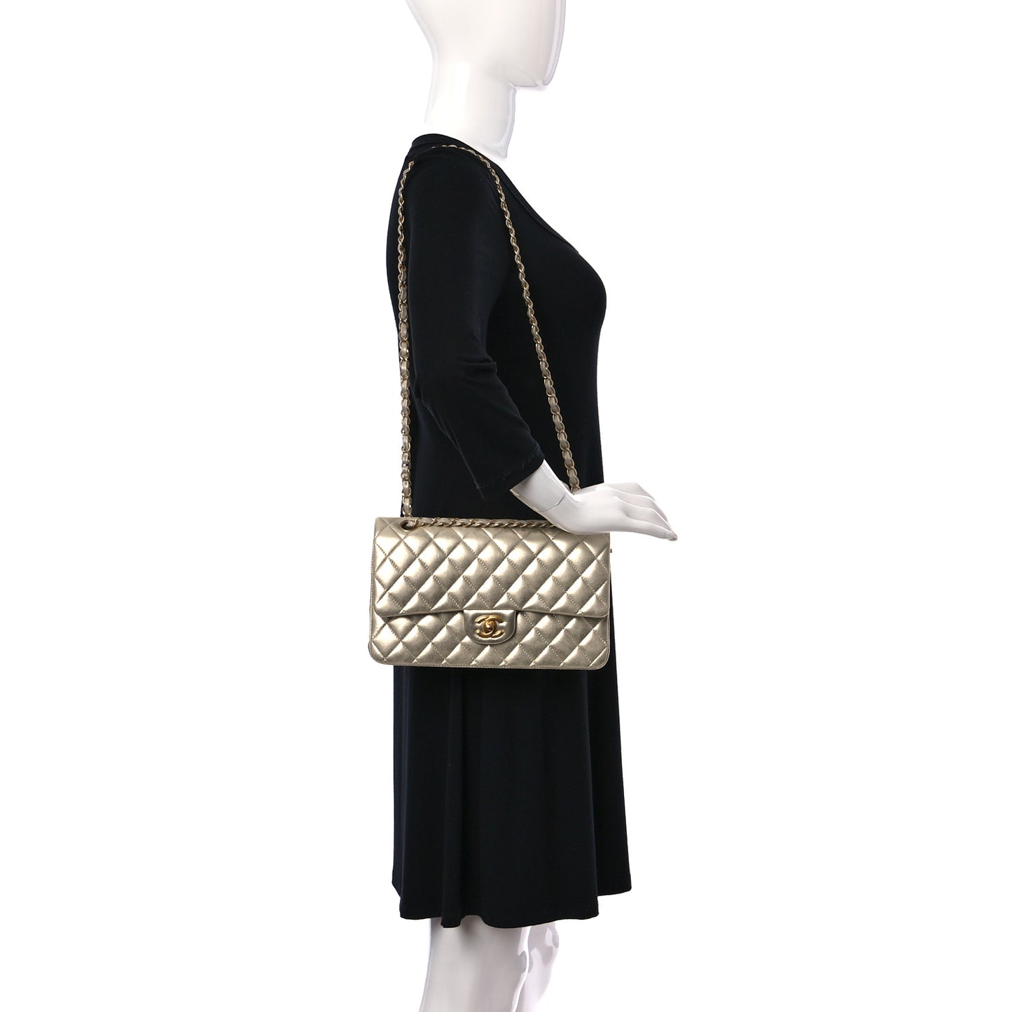 Metallic Lambskin Quilted Medium Double Flap Gold